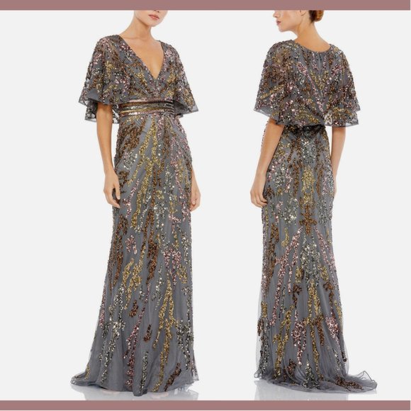 NWT $698 Mac Duggal [‎ 8 ] Cape Sleeve Embellished Gown in Charcoal Multi Gold - Picture 2 of 15